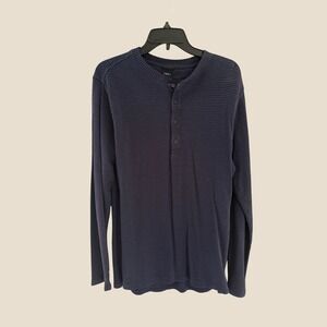 Nau Mens Large Blue Striped Hemp Blend Long Sleeve Ribbed Henley Shirt